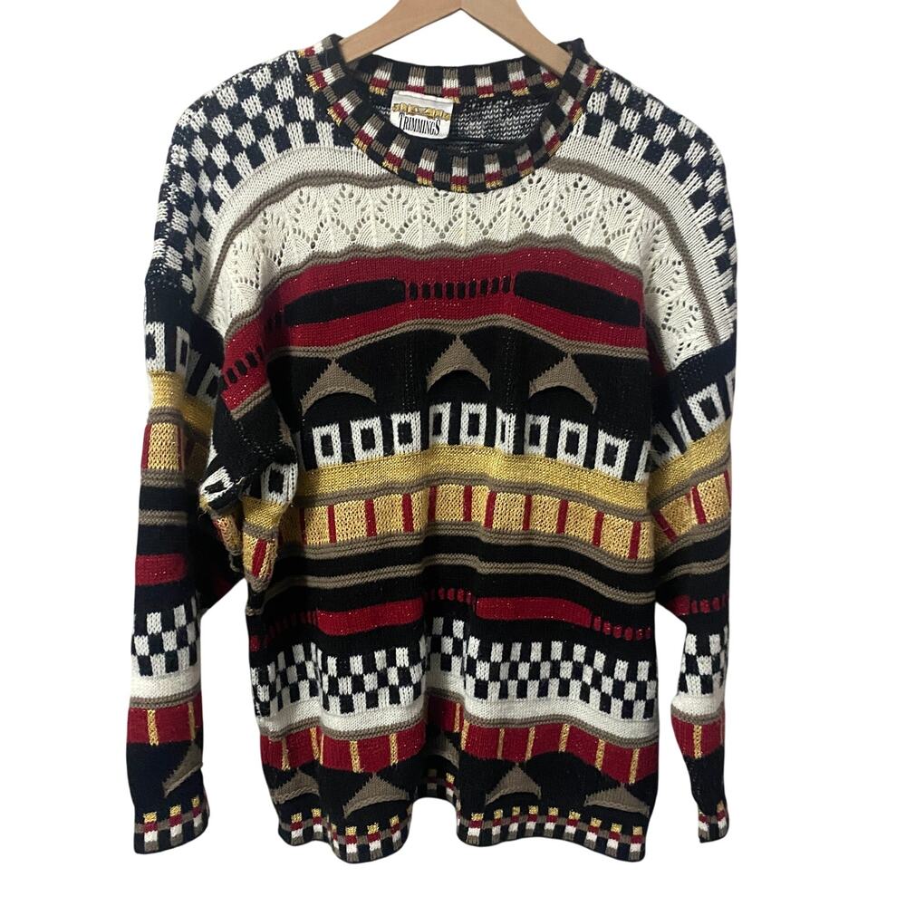 Vintage Trimmings 3D Knit Sweater Red Golde Blac White Geometric Sz M-L**